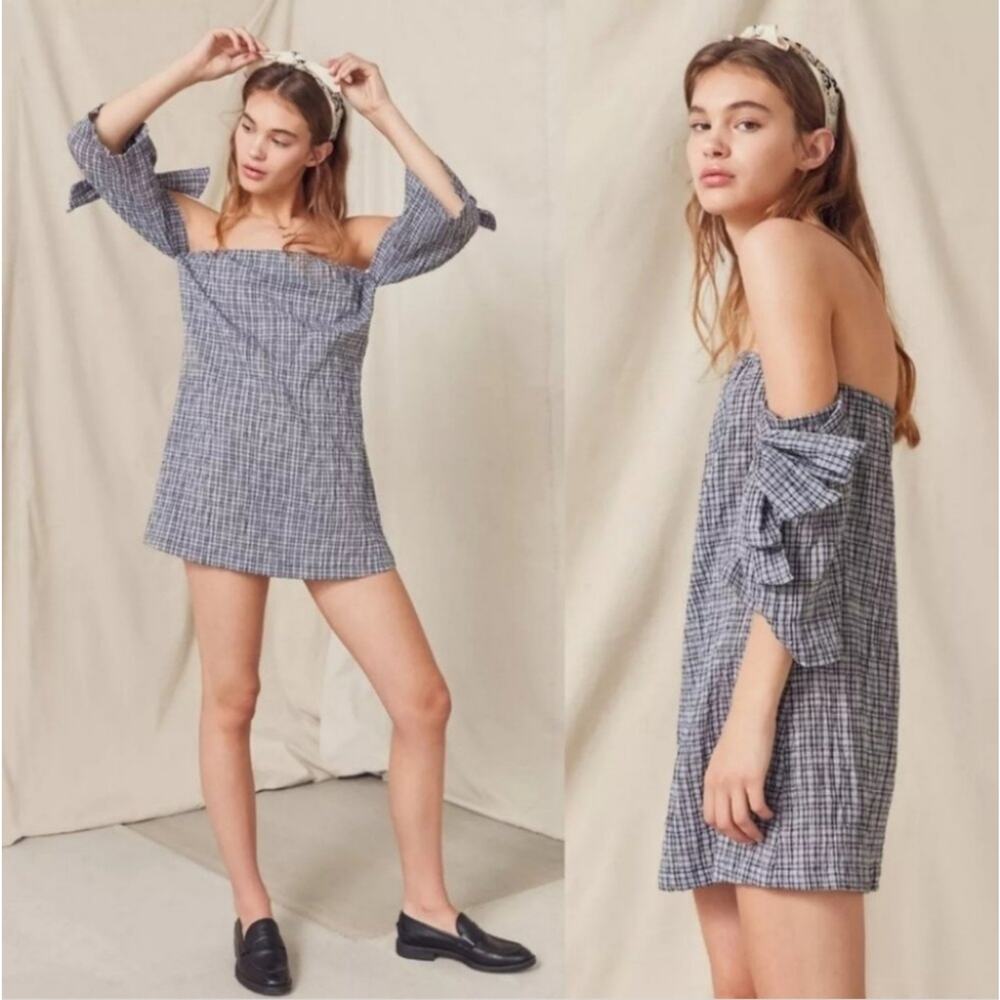 UO Urban Renewal black plaid mini dress, medium, off shoulder with bow ties